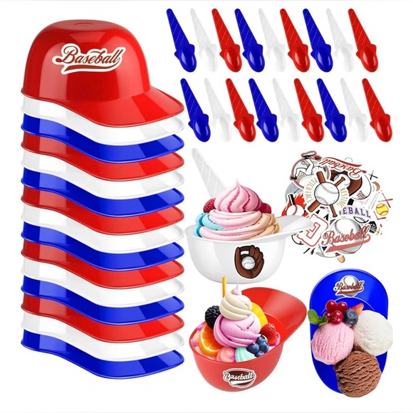30 Set Baseball Helmet Ice Cream Bowls with 15 Mini Dessert Cups and 15 Spoons